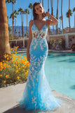 Mermaid Blue Appliqued Maxi Prom Dress