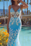 Mermaid Blue Appliqued Maxi Prom Dress
