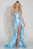 Light Blue Strapless Ruffle Mermaid Prom Dress With Slit