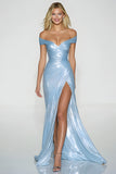 Glitter Light Blue Off The Shoulder Mermaid Prom Dress With Slit