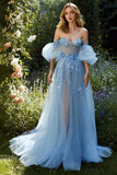Light Blue A-Line Off The Shoulder Prom Dress With Appliques