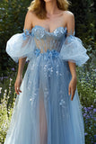 Light Blue A-Line Off The Shoulder Prom Dress With Appliques