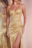 Golden Mermaid Corset Appliqued Prom Dress With Slit
