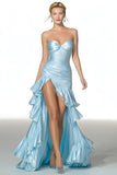 Light Blue Strapless A-Line Tiered Ruffled High Low Prom Dress