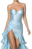 Light Blue Strapless A-Line Tiered Ruffled High Low Prom Dress