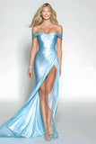 Off The Shoulder Satin Light Blue Prom Dress With Slit