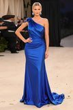 Mermaid Royal Blue Satin One Shoulder Gala Dress with 3D Flower