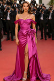 Fuchsia Off The Shoulder A-Line Bow Gala Dress With Slit