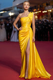 One Shoulder Ruched Yellow Gala Dress With Slit