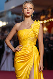One Shoulder Ruched Yellow Gala Dress With Slit