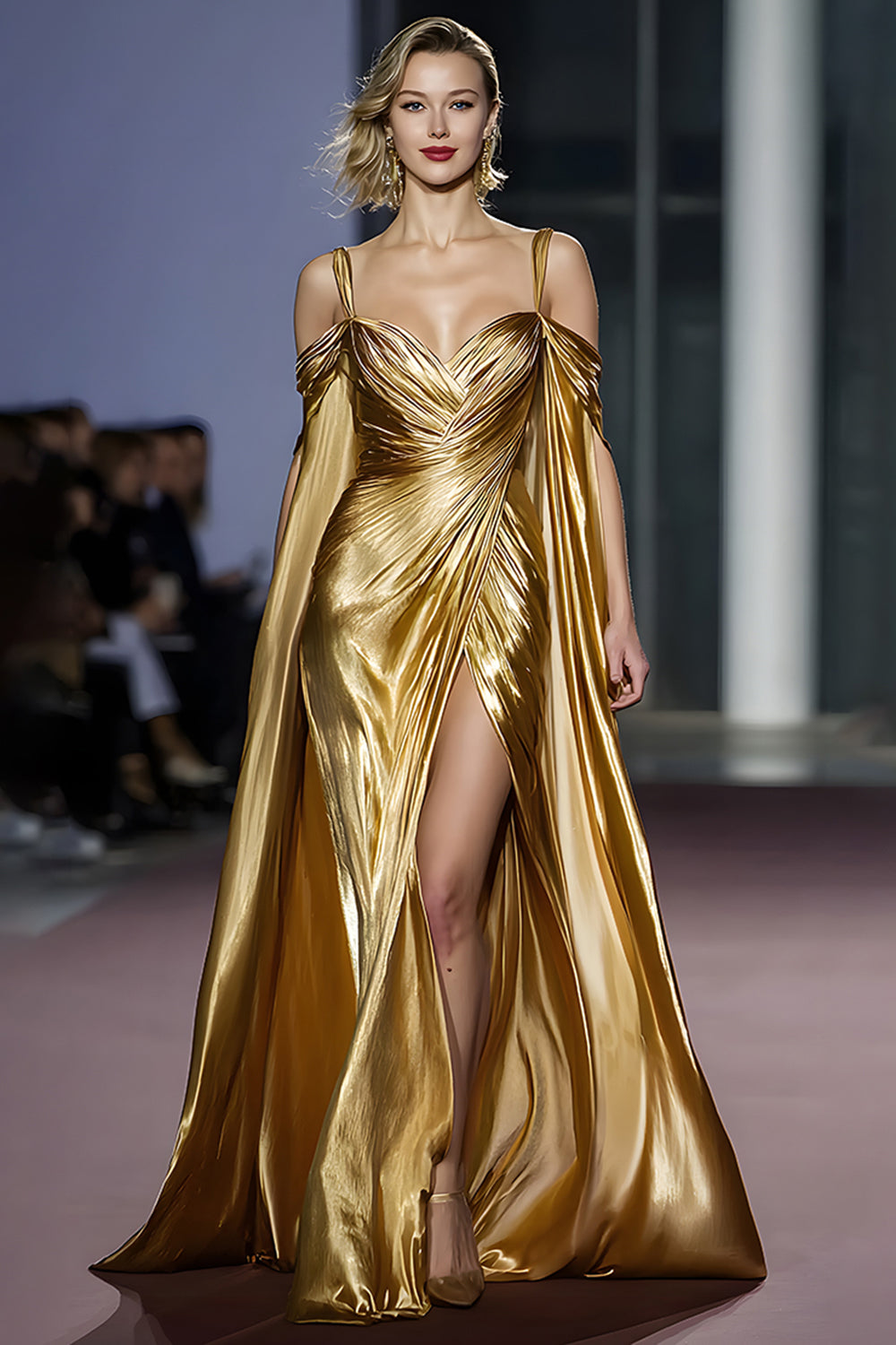 Metallic Golden Mermaid Cold Shoulder Ruched Gala Dress With Slit