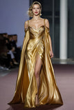 Metallic Golden Mermaid Cold Shoulder Ruched Gala Dress With Slit
