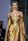 Metallic Golden Mermaid Cold Shoulder Ruched Gala Dress With Slit