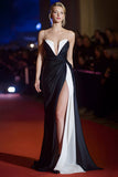 Strapless Ruched Black and White Gala Dress With Slit