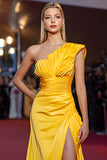 Yellow One Shoulder Ruched Gala Dress with Slit