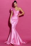 Hot Pink Ruched Mermaid One Shoulder Pageant Dress