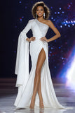 White Mermaid One Shoulder Pageant Dress With Slit
