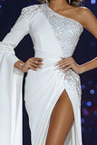 White Mermaid One Shoulder Pageant Dress With Slit