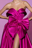 Fuchsia A-Line Bow Strapless Pageant Dress With Slit
