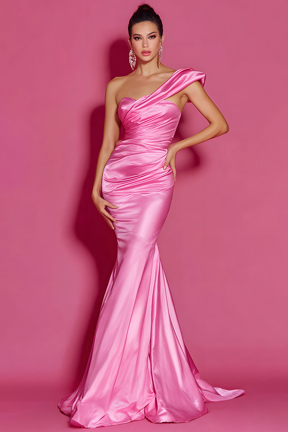 One Shoulder Mermaid Ruched Hot Pink Pageant Dress