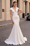 Ivory Mermaid Long Wedding Dress with Cap Sleeves