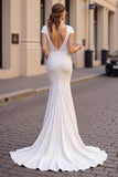 Ivory Mermaid Long Wedding Dress with Cap Sleeves