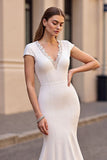 Ivory Mermaid Long Wedding Dress with Cap Sleeves