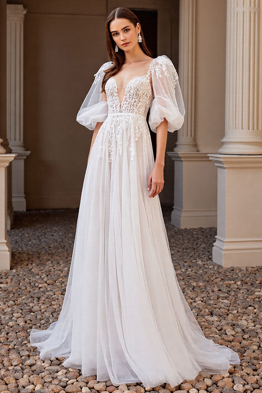Ivory Appliqued A Line Wedding Dress with Puff Sleeves