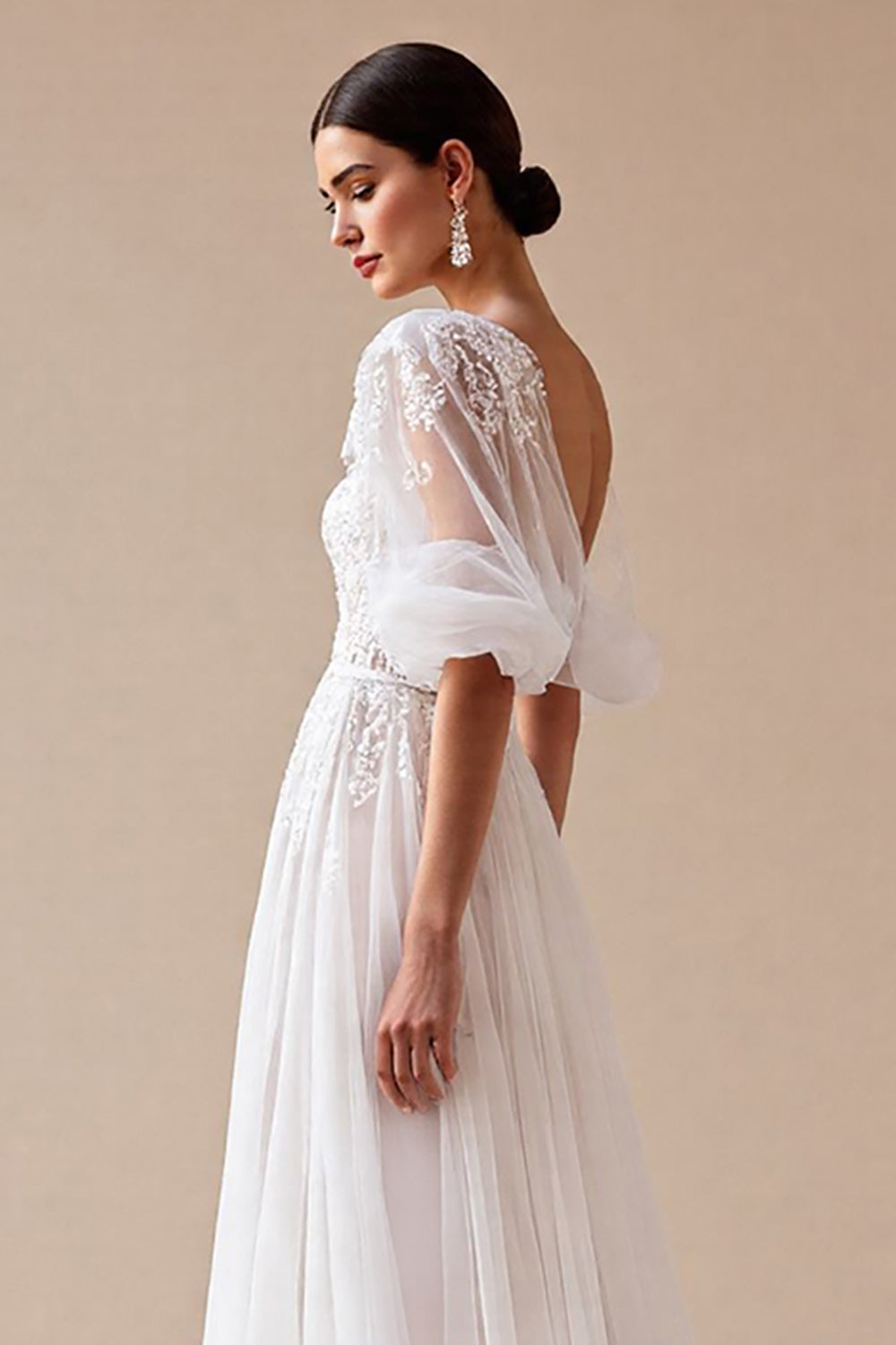 Ivory Appliqued A Line Wedding Dress with Puff Sleeves