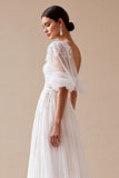 Ivory Appliqued A Line Wedding Dress with Puff Sleeves
