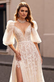 Corset Ivory Appliqued Wedding Dress with Slit