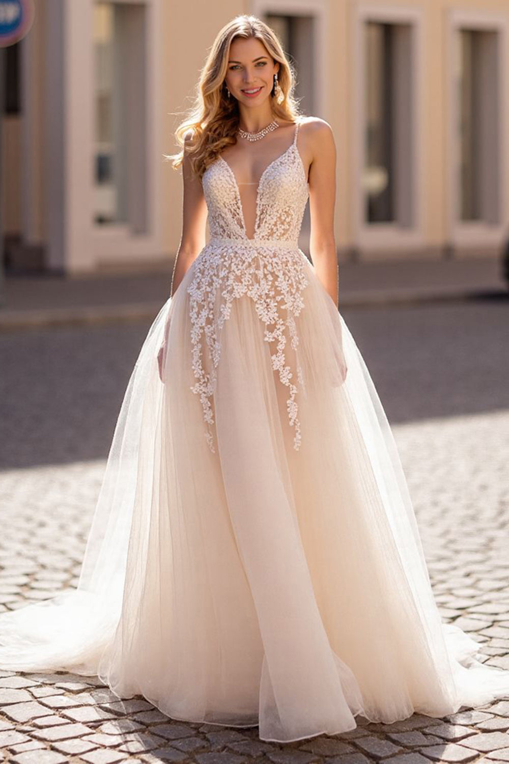 A Line Ivory Tulle Wedding Dress with Appliques