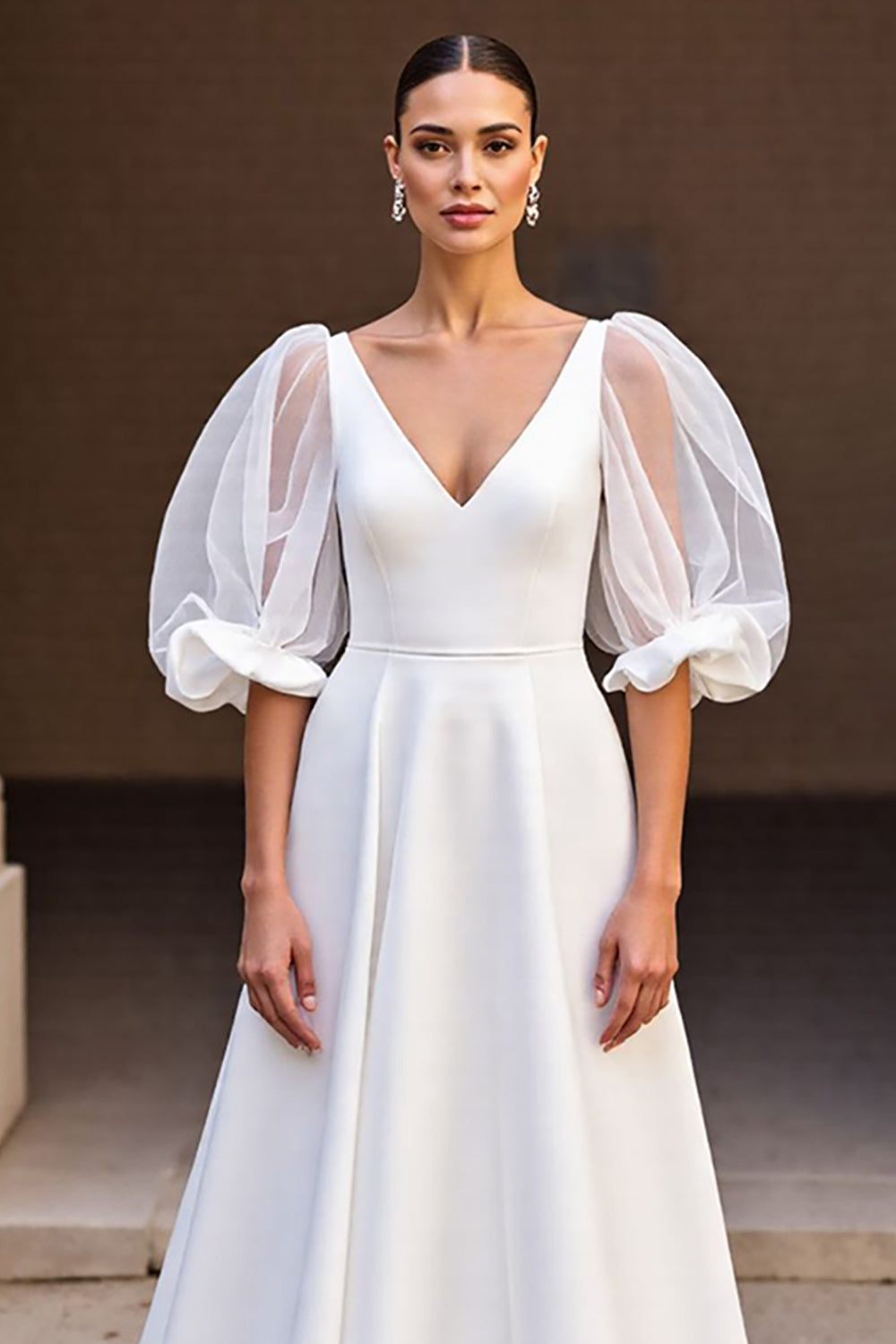 Ivory A Line V-Neck Wedding Dress with Puff Sleeves