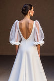 Ivory A Line V-Neck Wedding Dress with Puff Sleeves