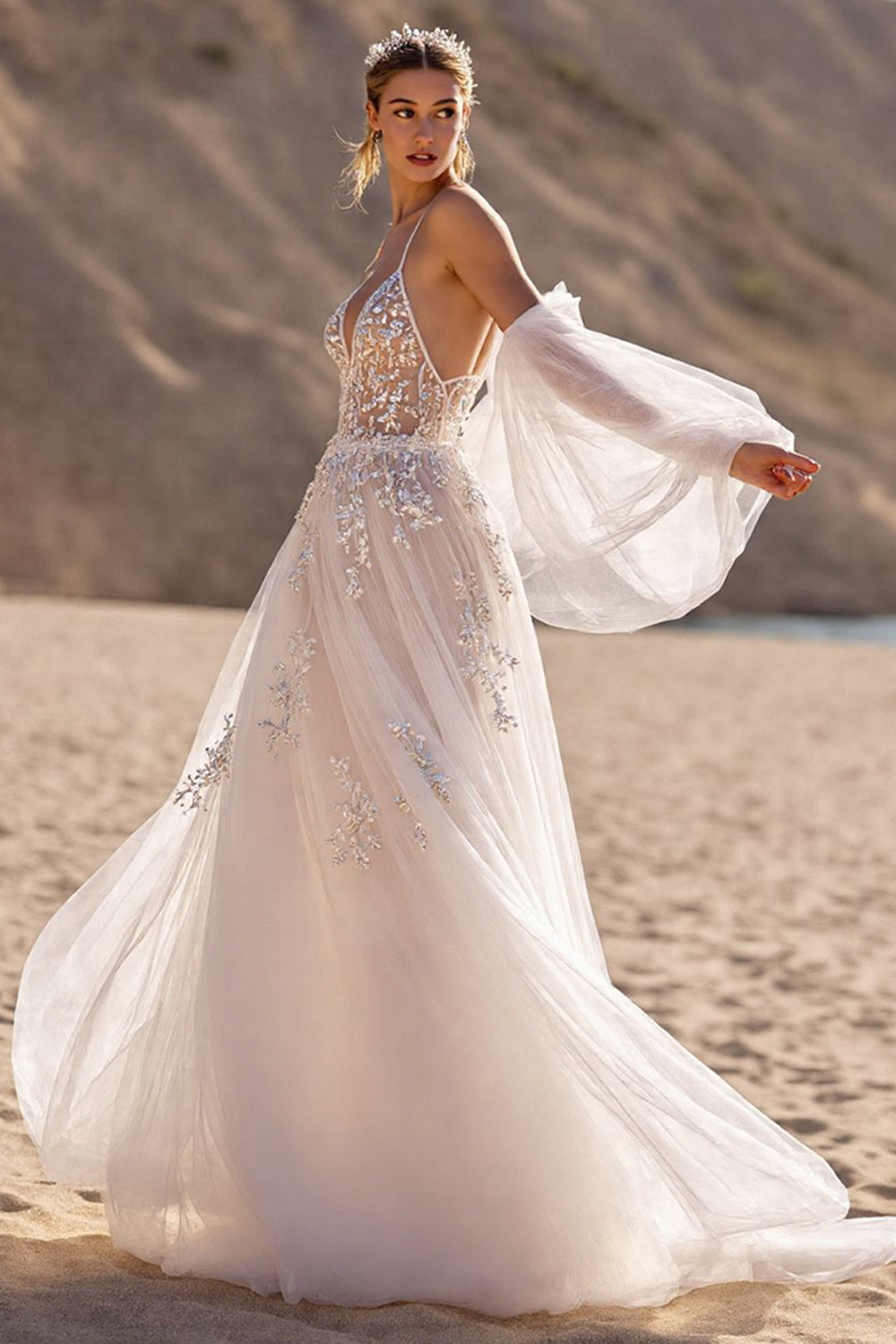 Ivory Appliqued A line Tulle Wedding Dress