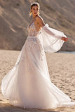 Ivory Appliqued A line Tulle Wedding Dress