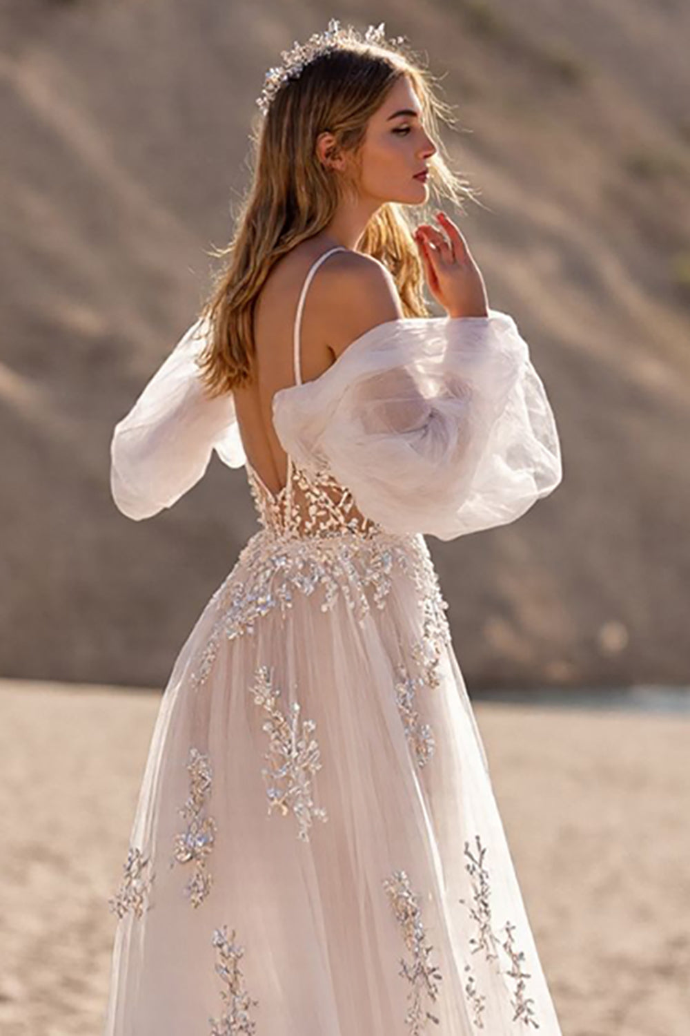 Ivory Appliqued A line Tulle Wedding Dress