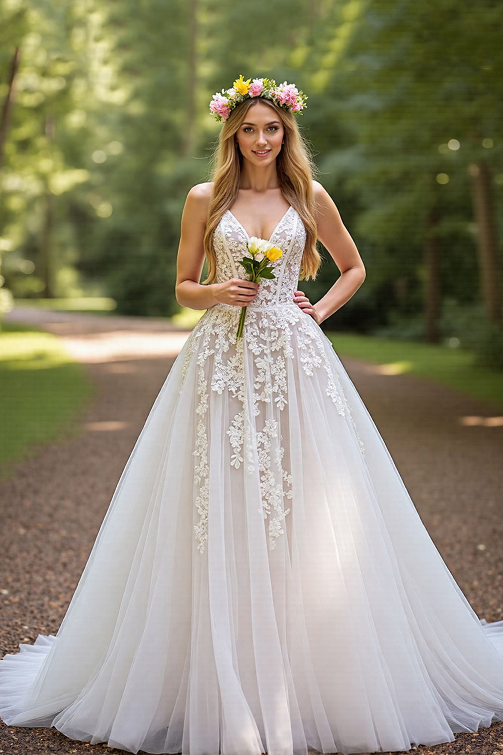 Ivory Appliqued A line V-Neck Wedding Dress