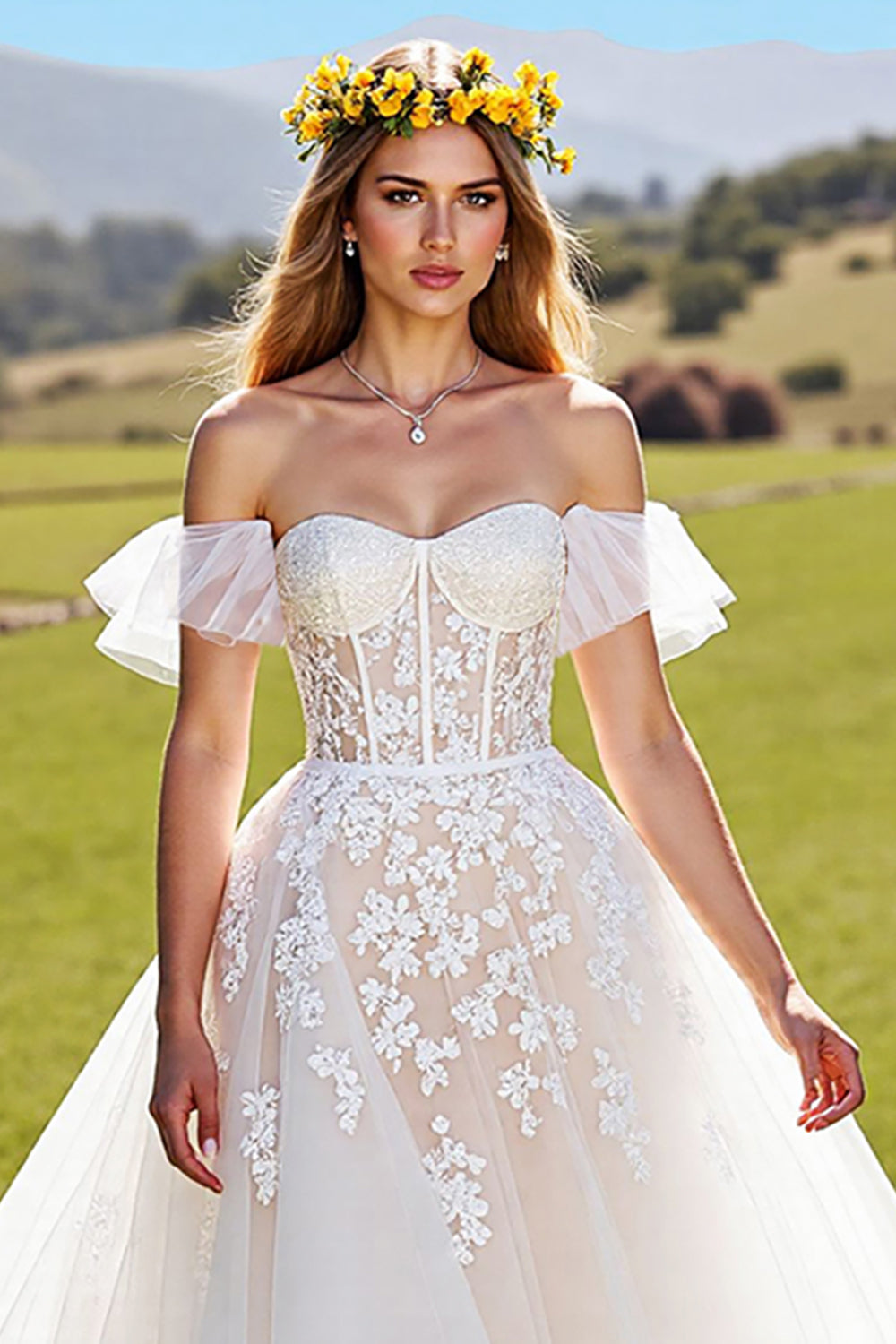 Off The Shoulder Corset Ivory Appliqued Long Wedding Dress