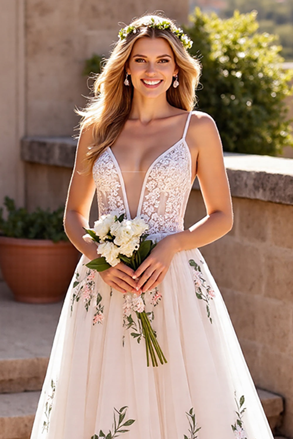 Floral A line Ivory Wedding Dress with Appliques