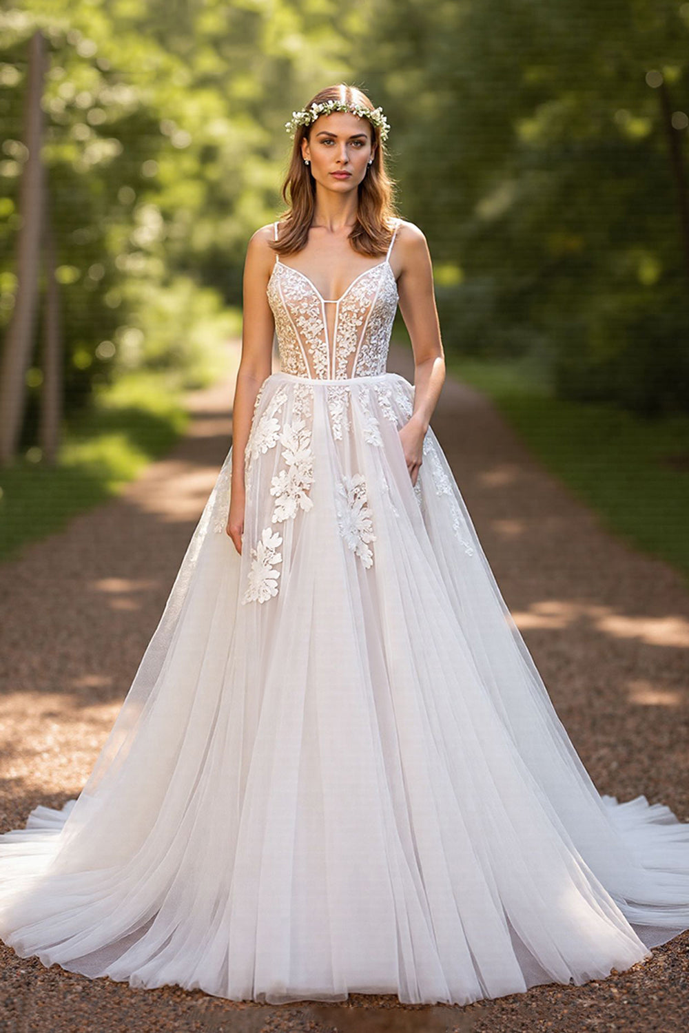 Ivory A line Tulle Appliqued Wedding Dress