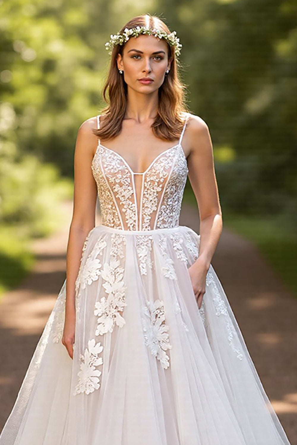 Ivory A line Tulle Appliqued Wedding Dress