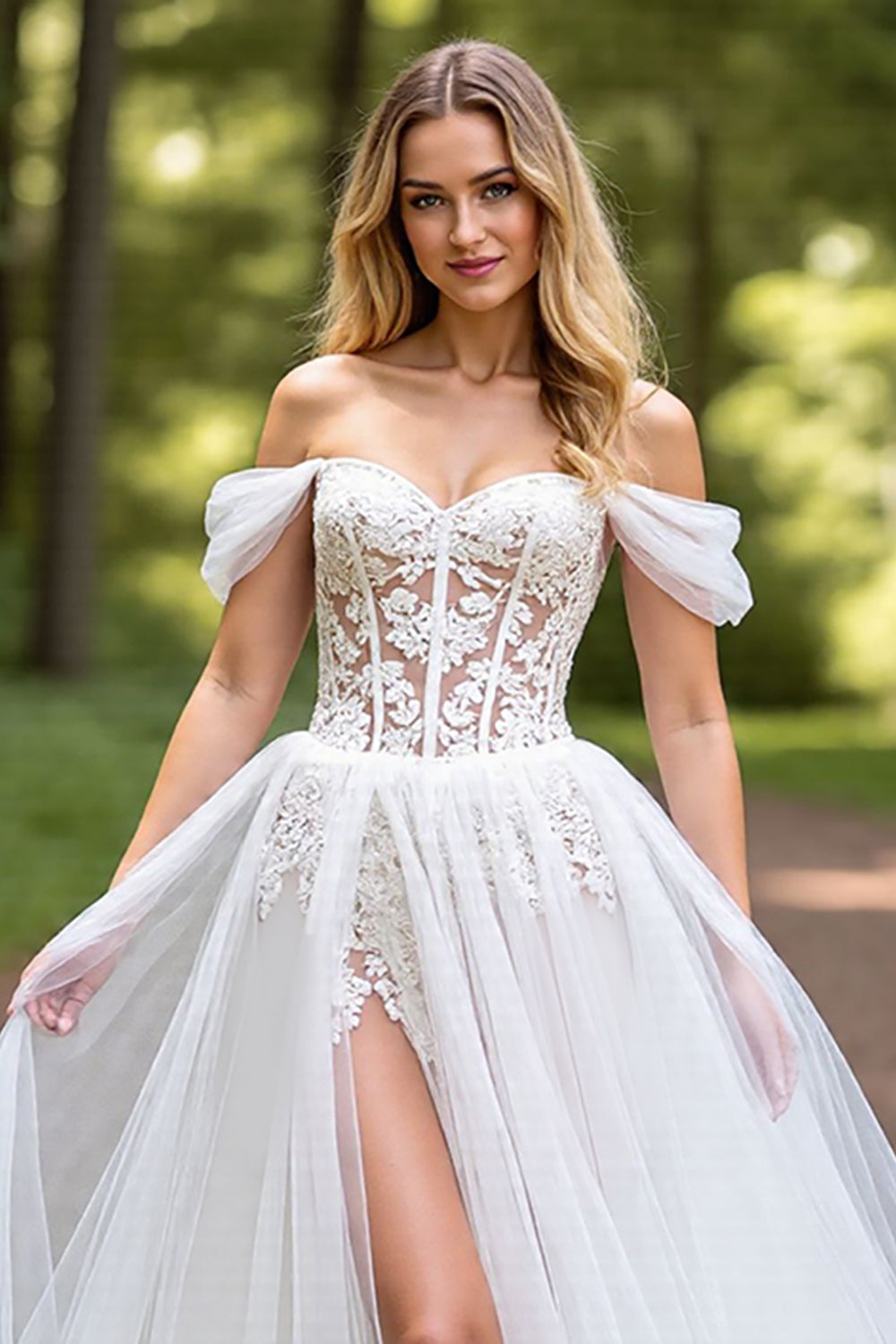 Off The Shoulder Corset Ivory Wedding Dress with Slit