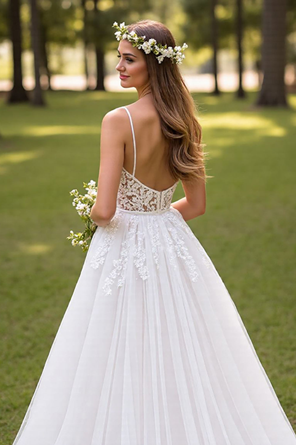 Ivory A Line Spaghetti Straps Wedding Dress with Appliques