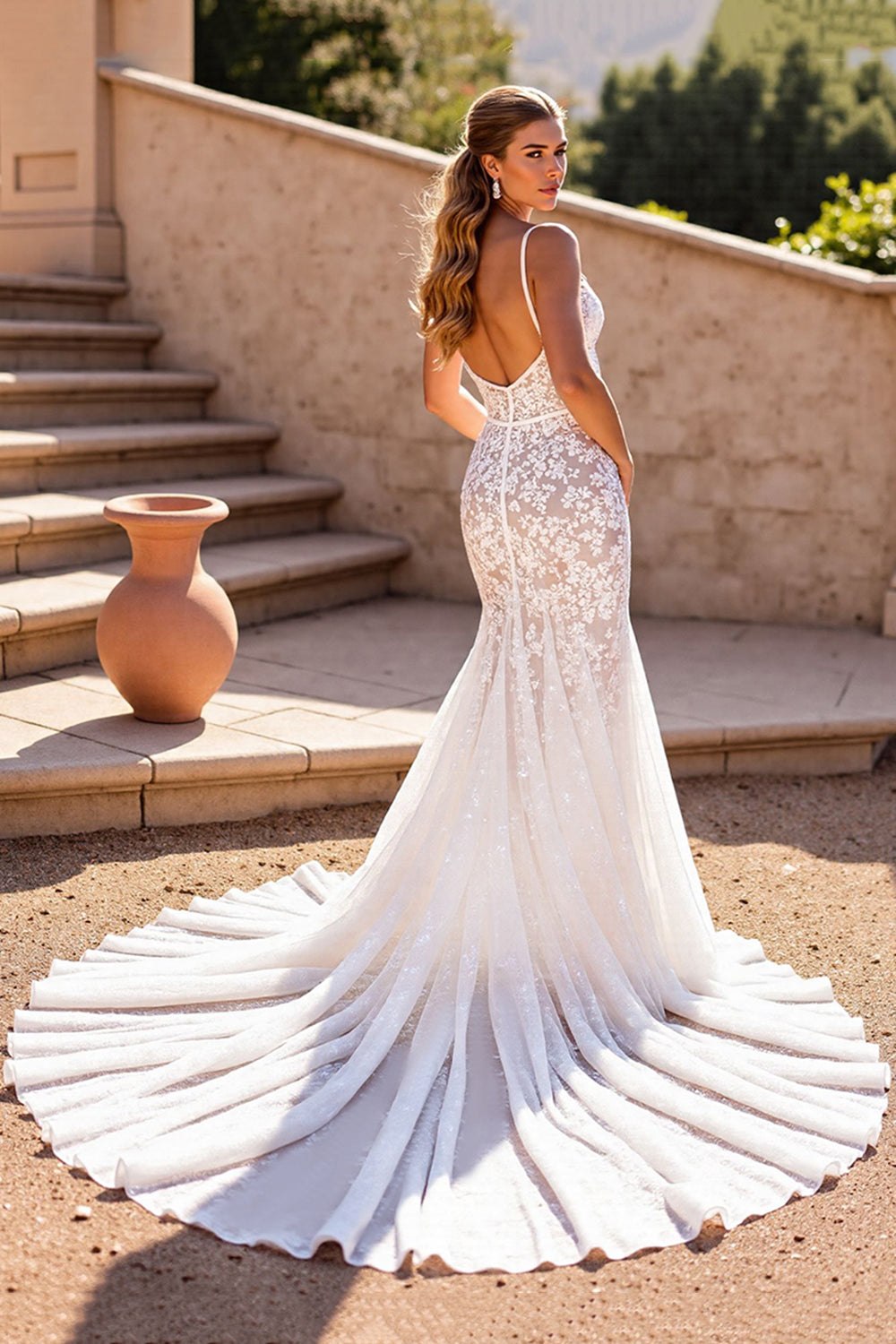 Mermaid Lace Ivory Spaghetti Straps Wedding Dress