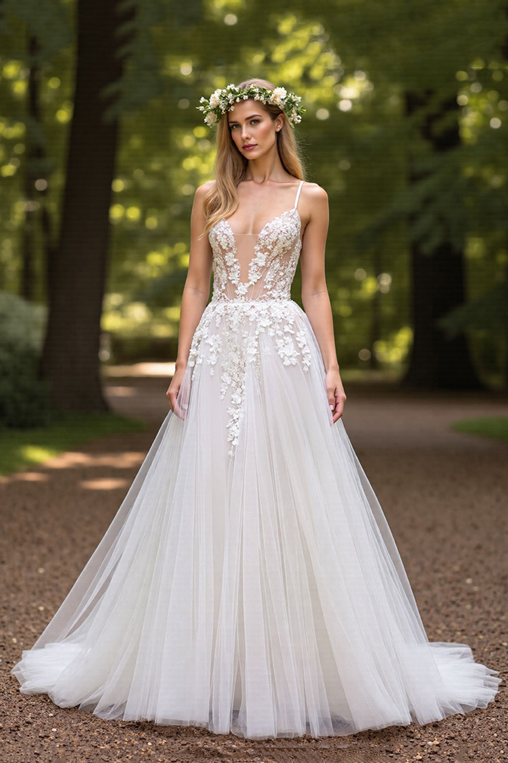 Ivory A Line Tulle Wedding Dress with Appliques
