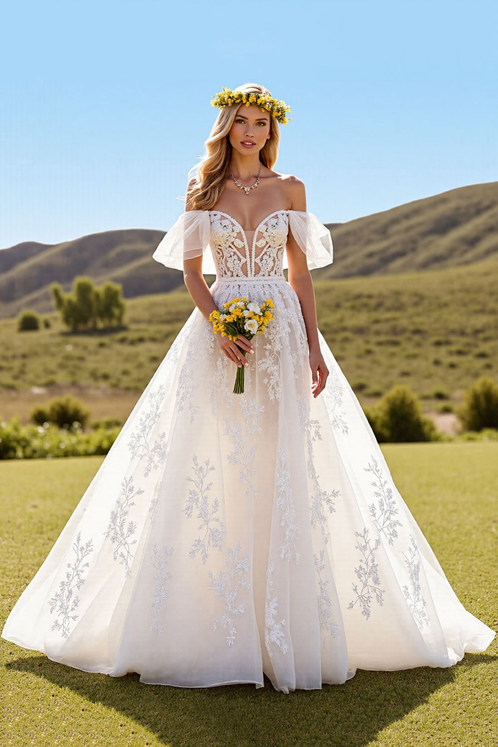Off The Shoulder Ivory Ruffled Wedding Dress with Appliques
