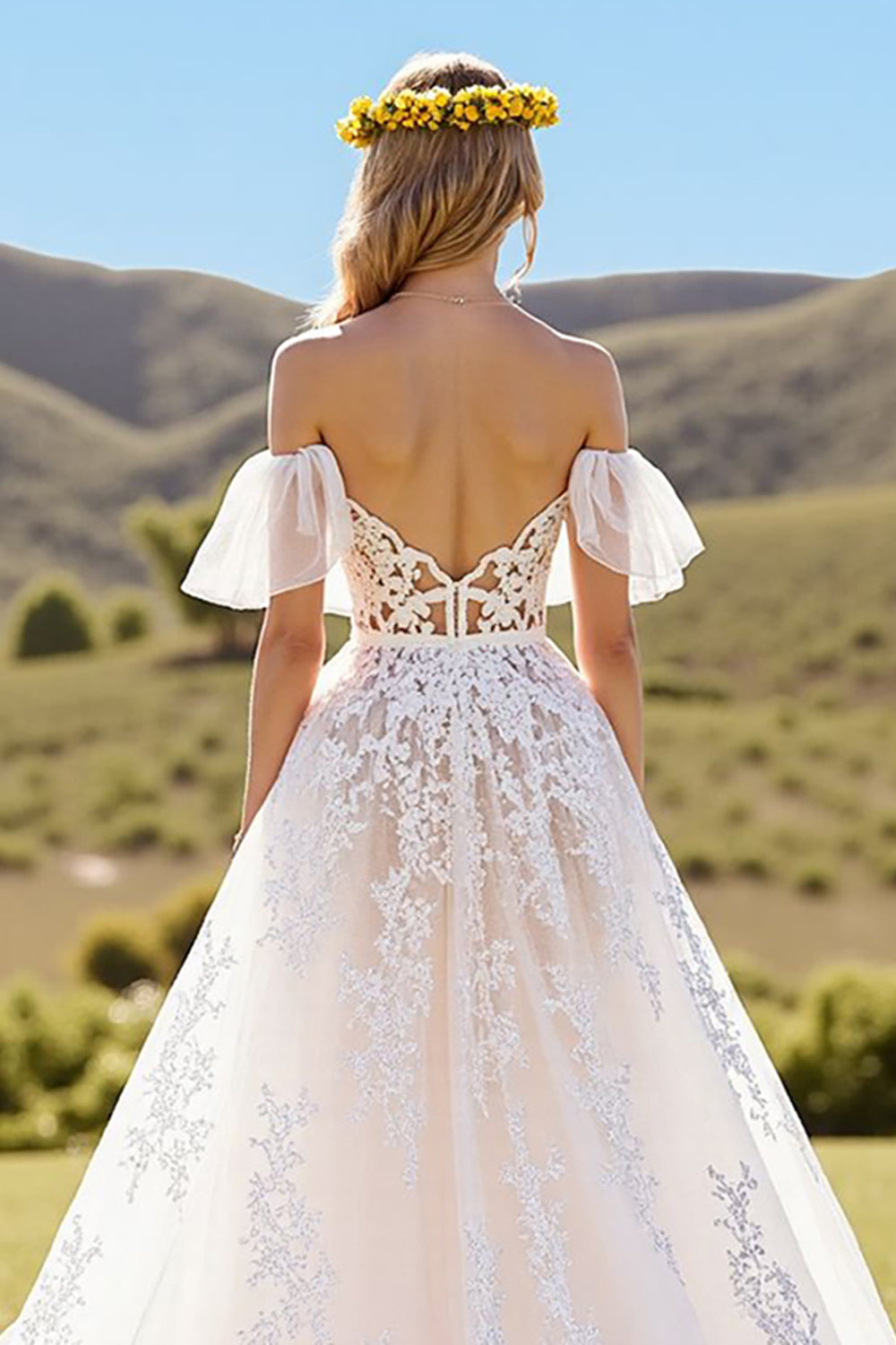 Off The Shoulder Ivory Ruffled Wedding Dress with Appliques