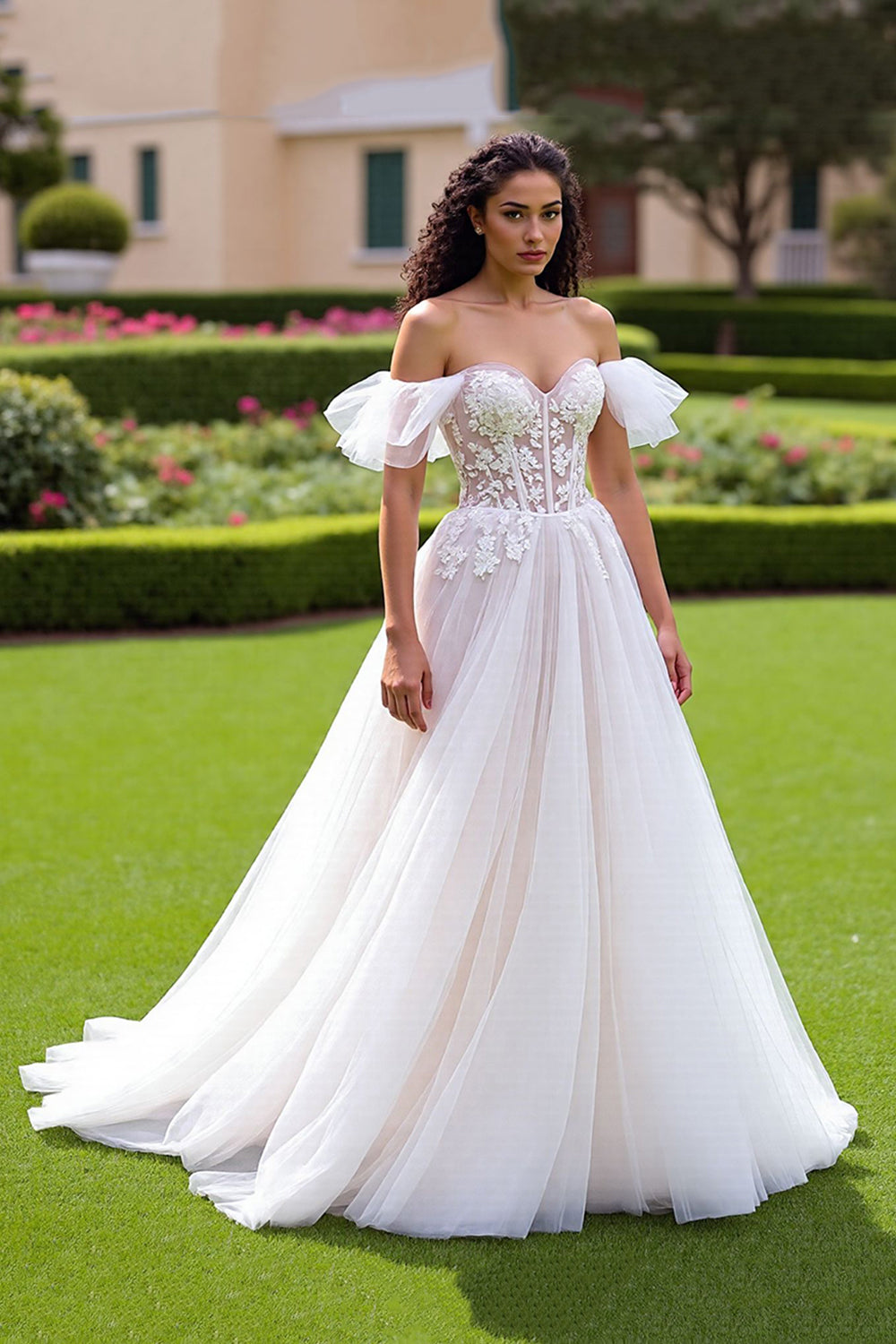 Off The Shoulder Appliqued A Line Ivory Wedding Dress