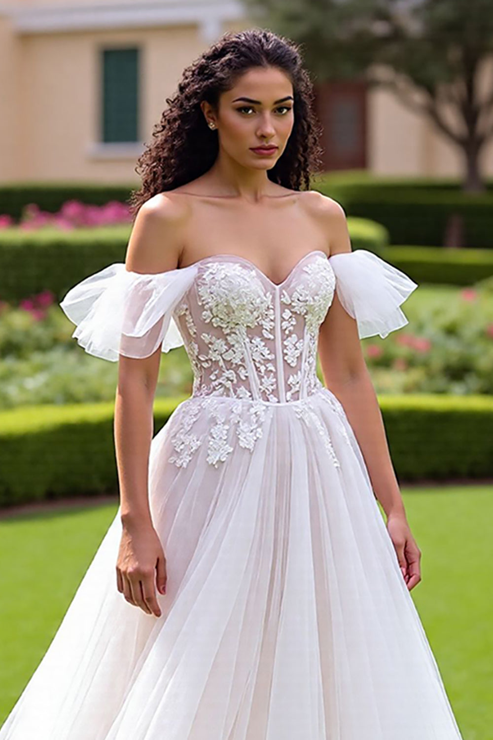 Off The Shoulder Appliqued A Line Ivory Wedding Dress